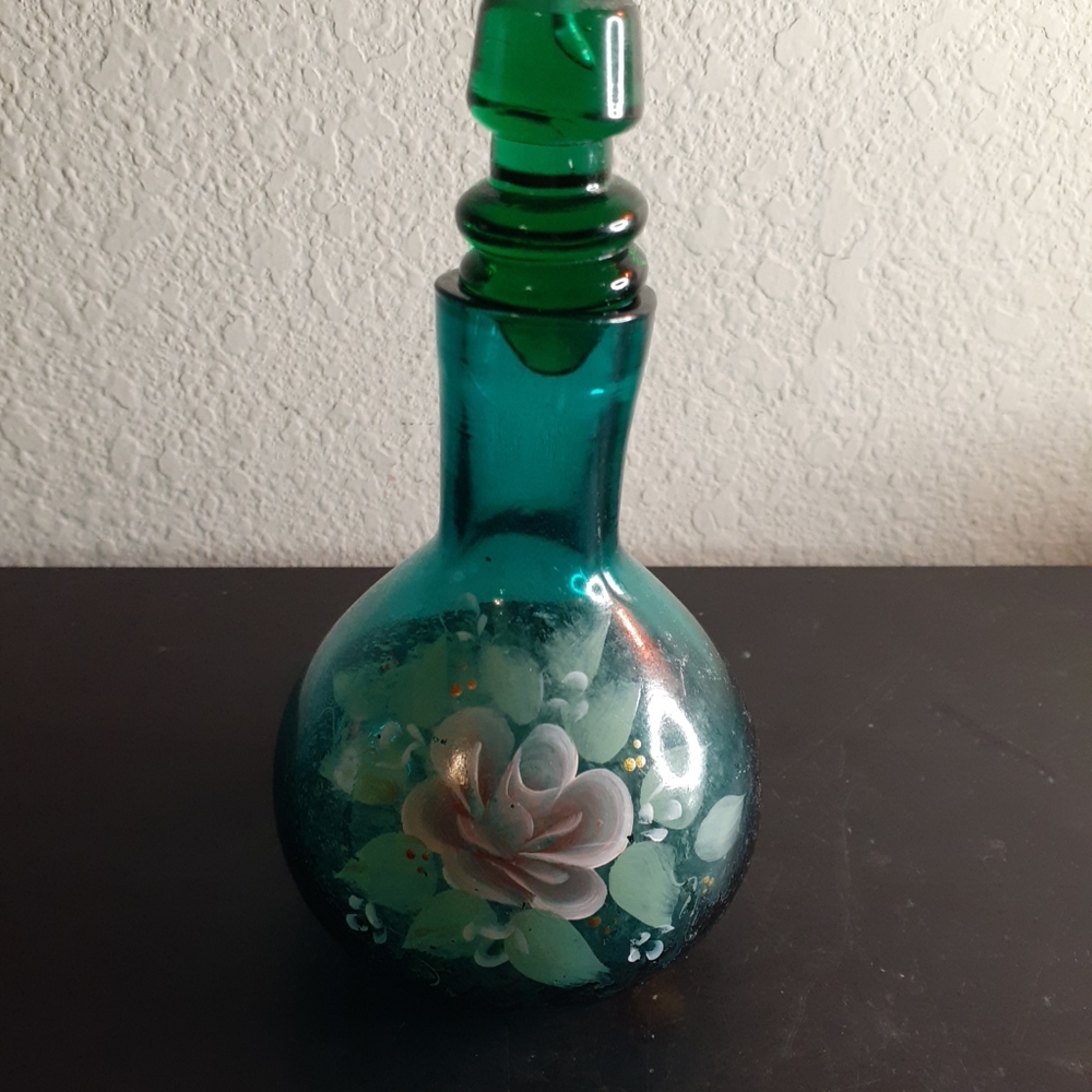 EXQUISITE Handpainted 6" Teal Glass Cruet Made in Italy.